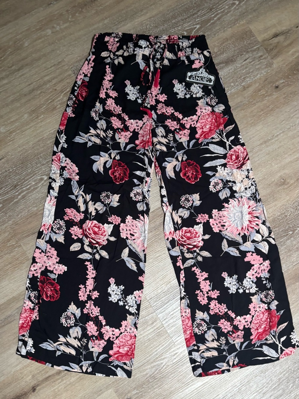 Angie Black Wide-Leg Pants with Pink Floral Print